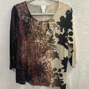 Chicos Womens Sully Baroque-Print Top‎ Size 1 Angle Hem Shimmer 3/4 Sleeve